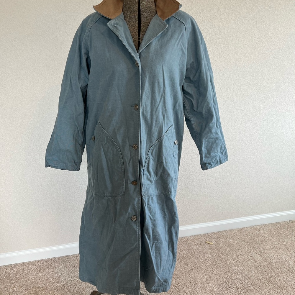 Vintage Woolrich Women's Trench Coat/Duster in Faded Blue with Brown Collar